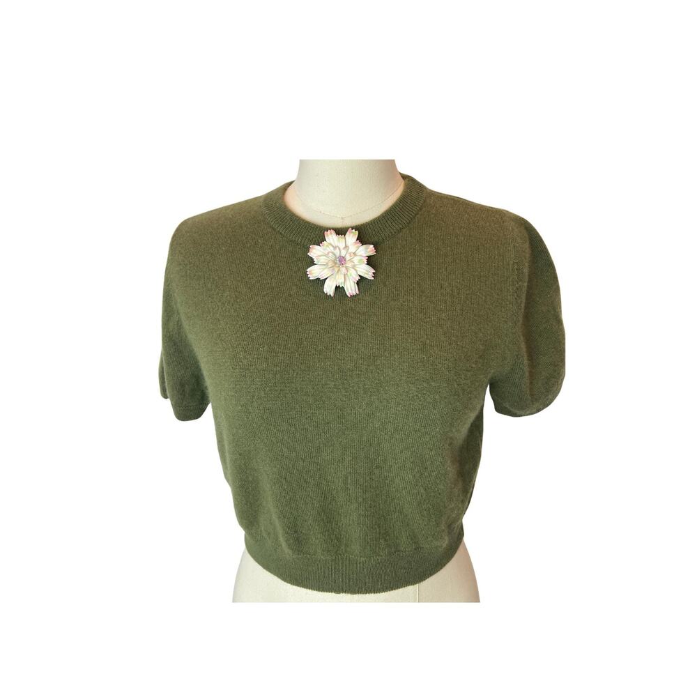 Womens Upcycled Green Cashmere Cropped Sweater with Vintage Glimmer Flower